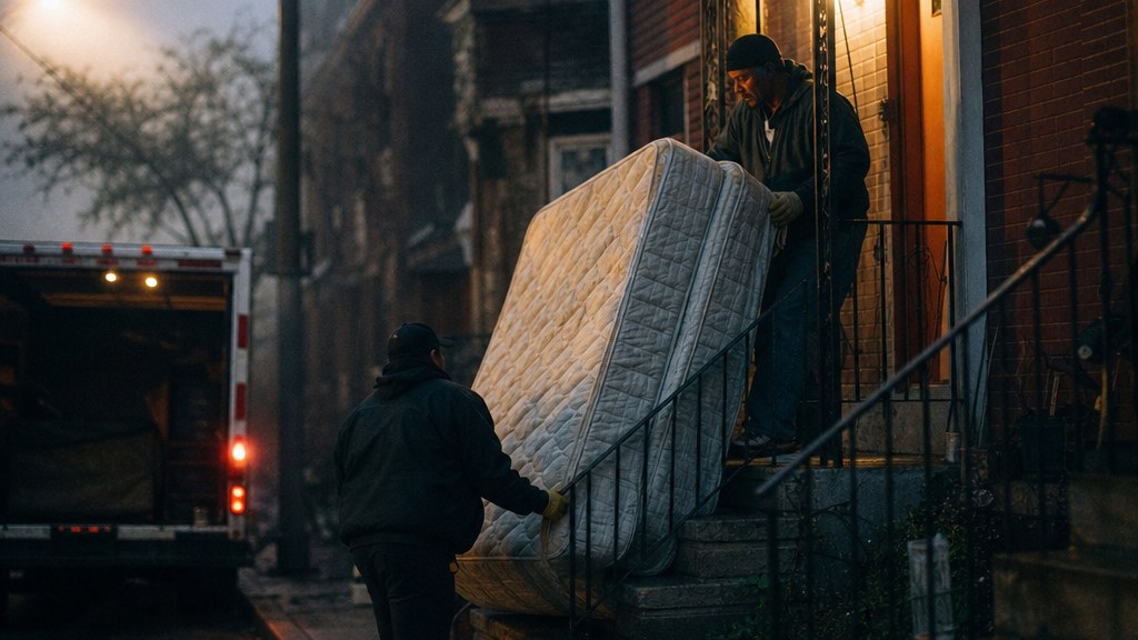 Two haulers carrying an old mattress down narrow porch steps in early morning fog, truck tailgate open at the kerb