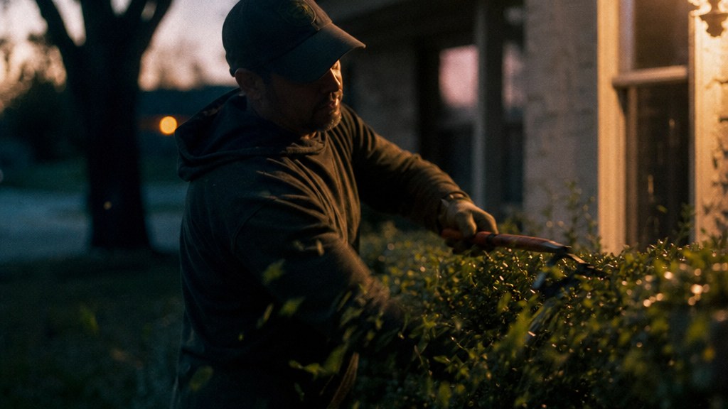 A crew leader shaping a hedge with hand shears in a suburban front yard at first light, cut leaves in the air