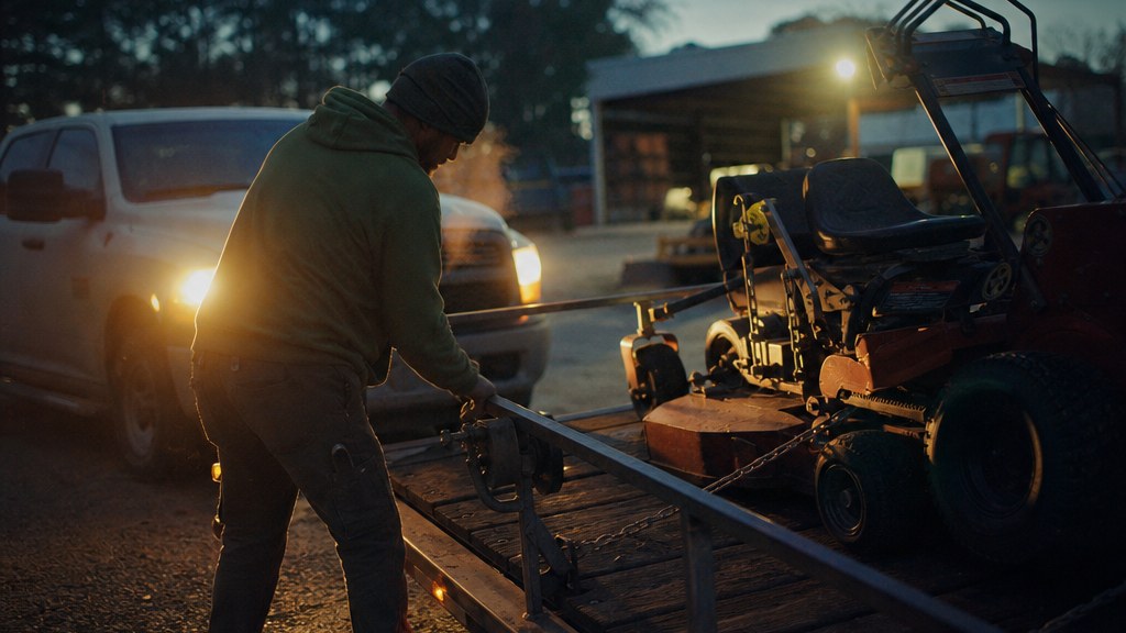 A landscaper winching a mower onto a trailer at dawn in a gravel yard, headlights on and breath visible