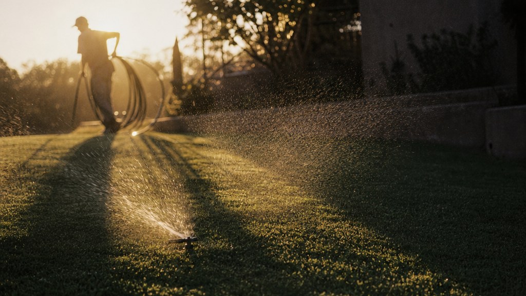 A sprinkler misting a freshly cut lawn at sunset, long shadows across the mowing stripes