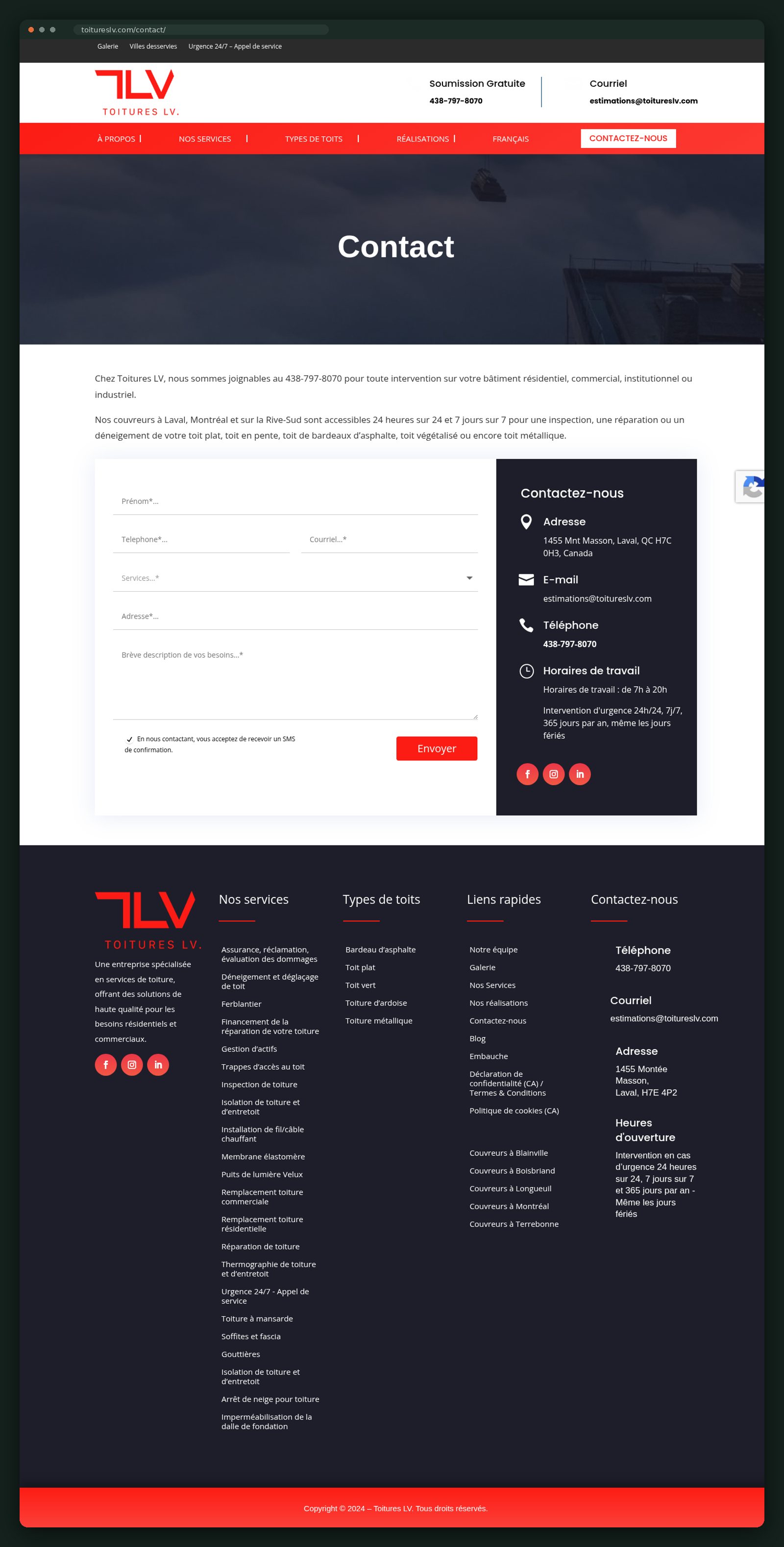 Contact page with Laval address, 24/7 hours and quote form