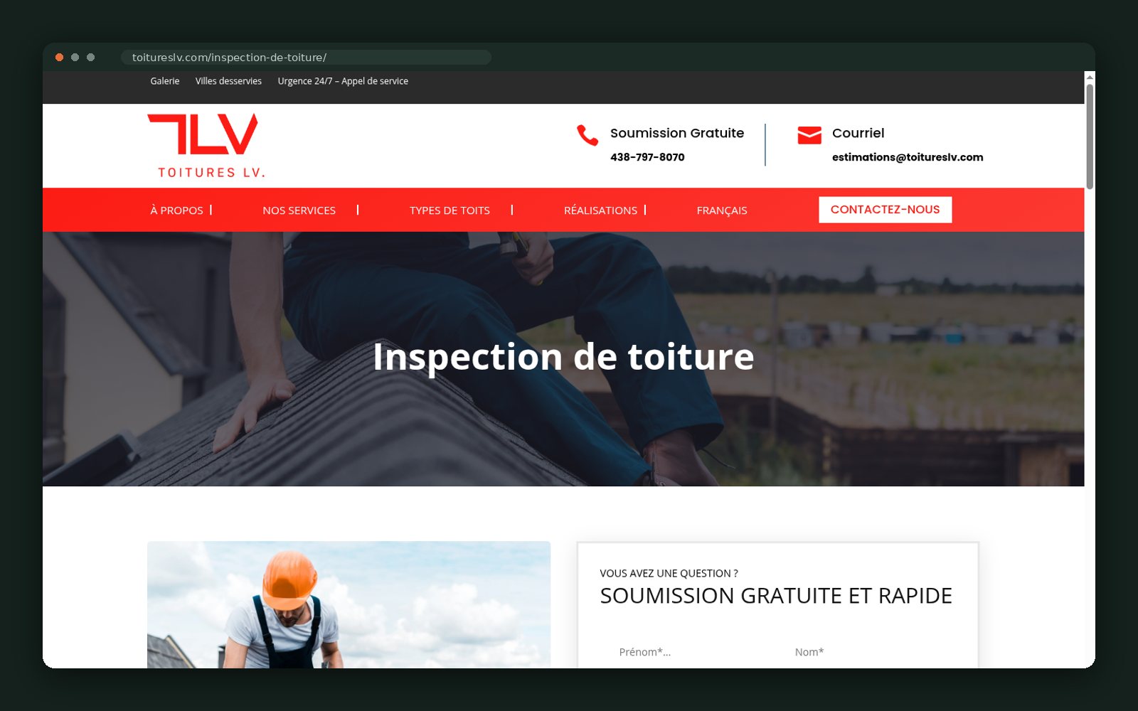 Inspection page hero: technician on a sloped roof