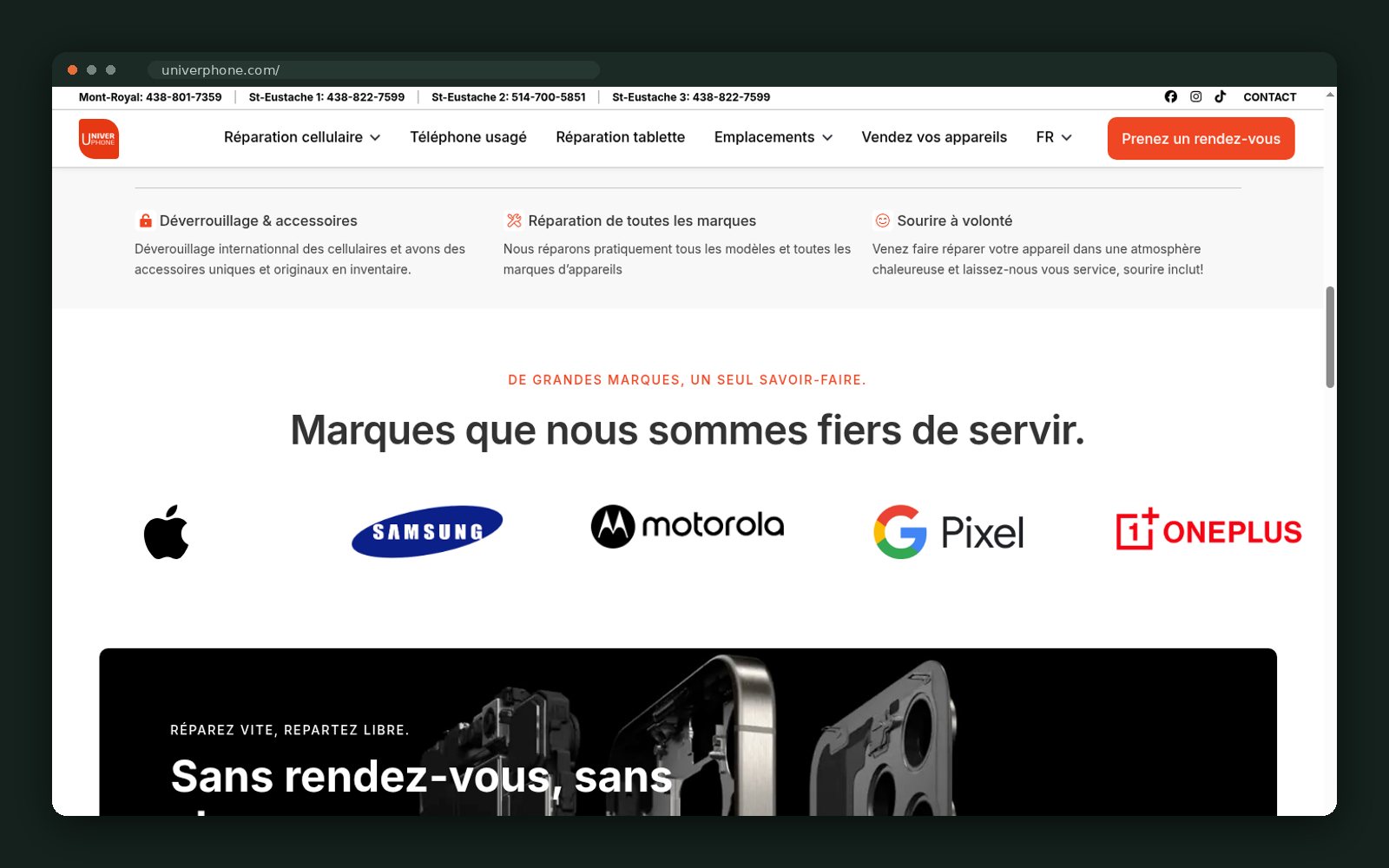 Brands served: Apple, Samsung, Motorola, Google Pixel, OnePlus