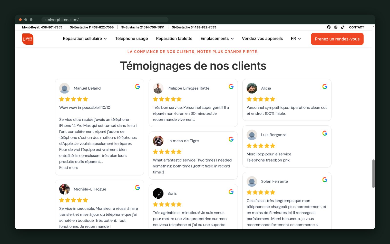 Customer review wall pulled from Google
