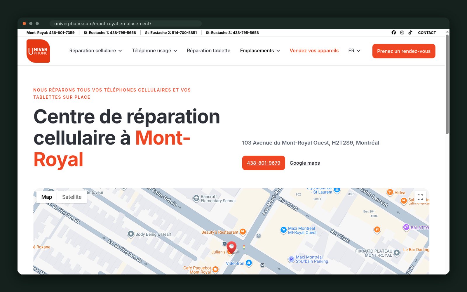 Mont-Royal location page with map and direct line