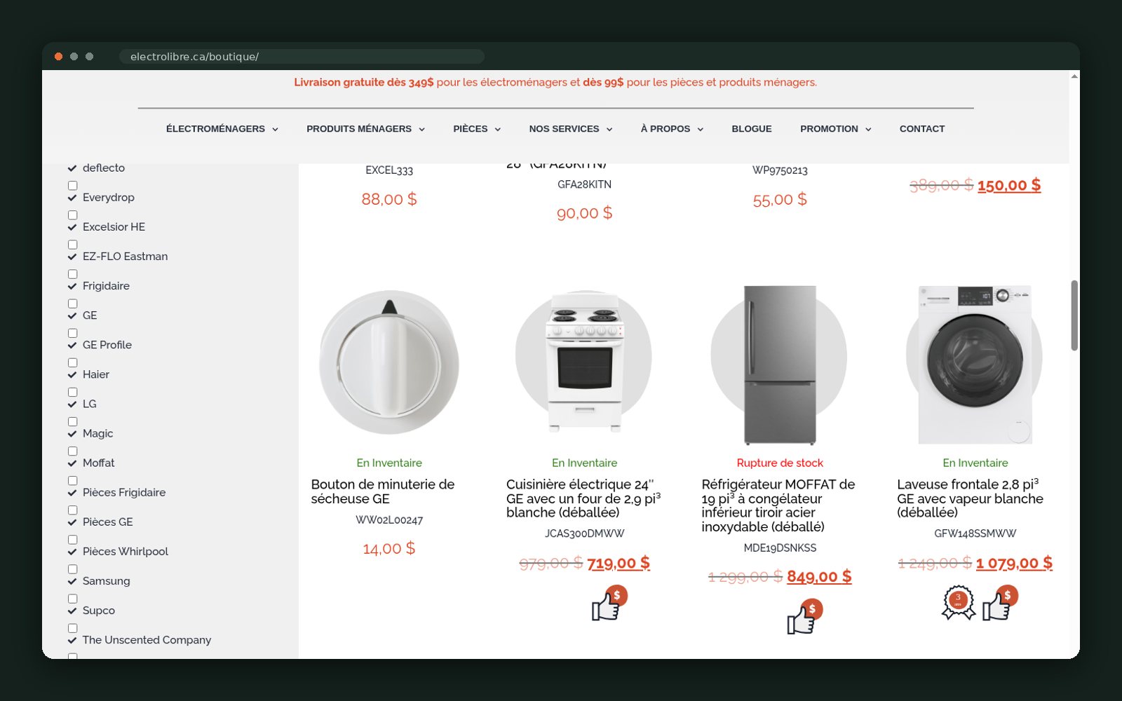 Appliance listings with sale pricing and stock status