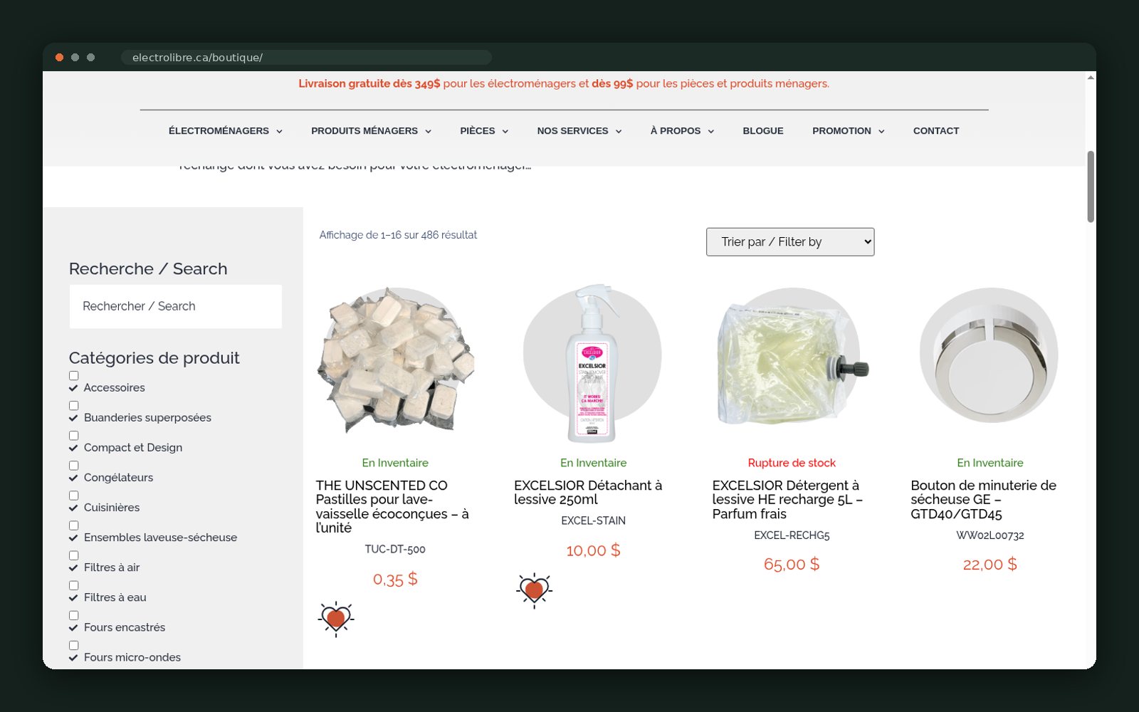 Boutique product grid with parts and household products