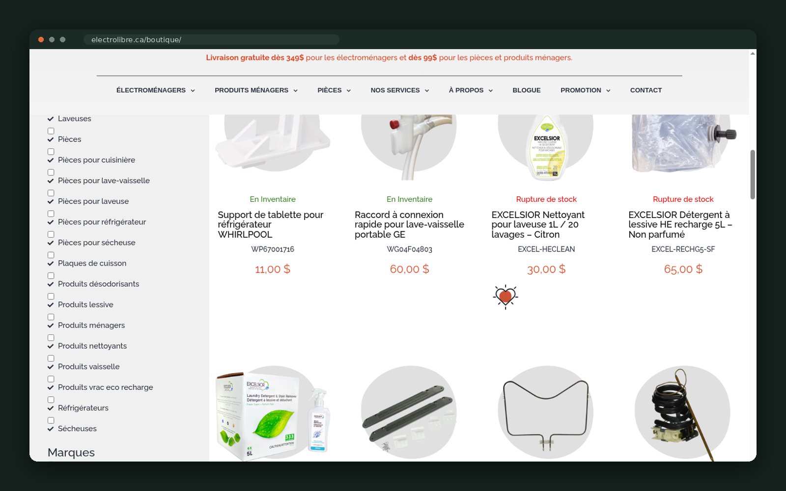 Faceted shop filters by category, brand and stock status