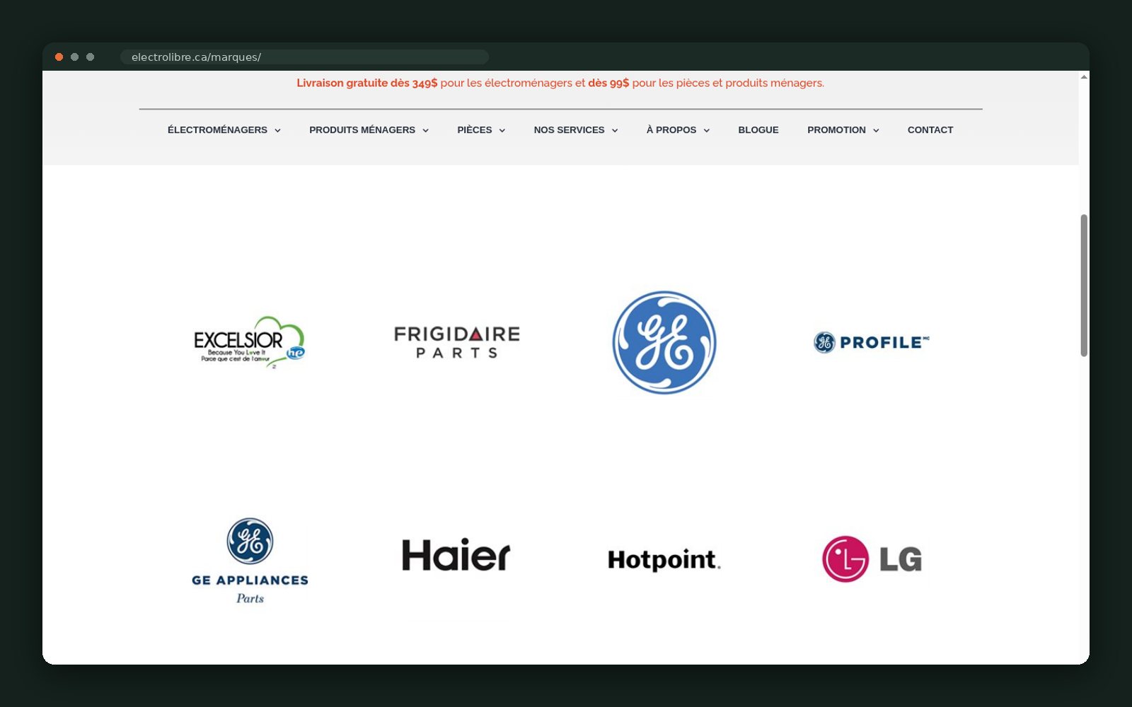 Brand wall: GE, GE Profile, Haier, Hotpoint, LG, Frigidaire Parts