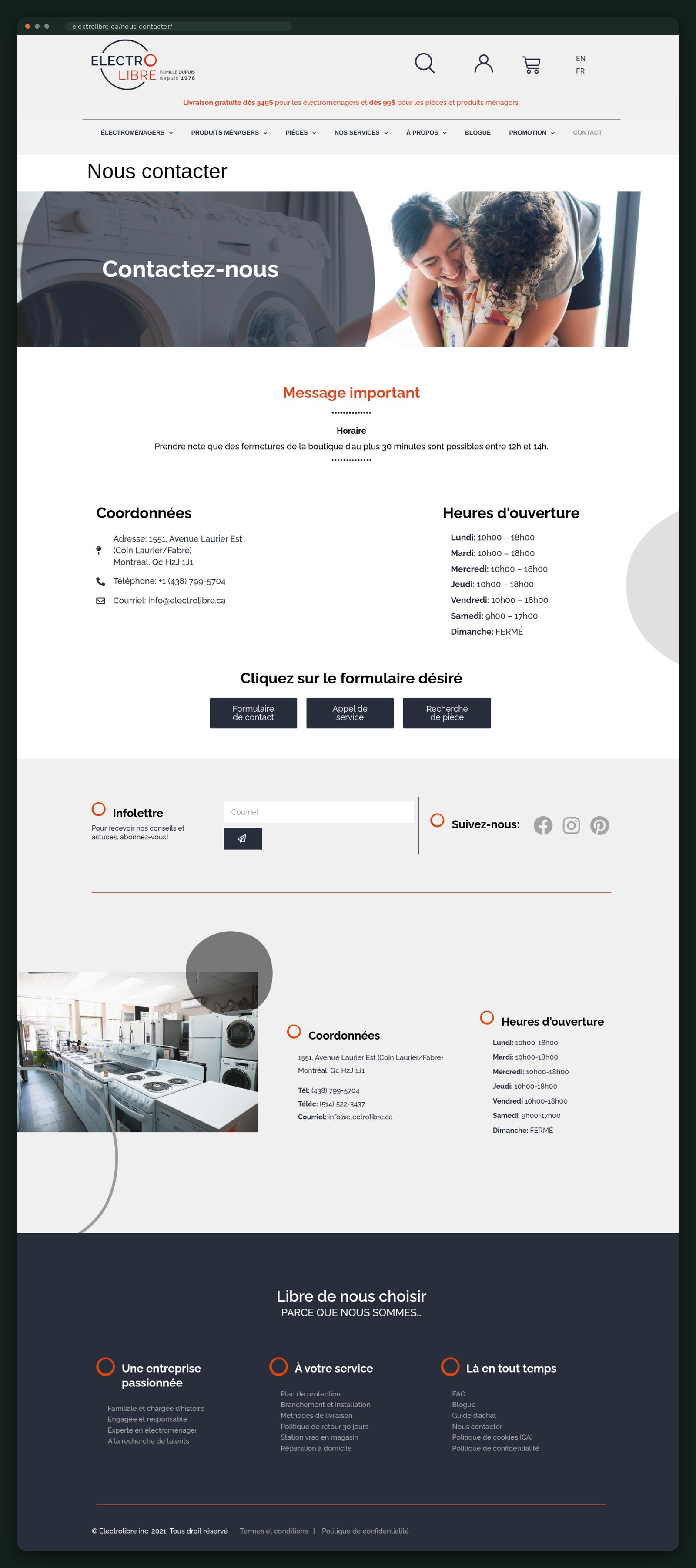 Contact page with store address, hours and three form routes