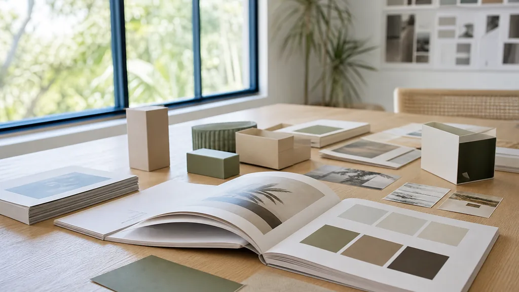 Editorial photograph of printed brand guideline books and packaging proofs laid out on a pale oak table in a sunlit north Florida design studio