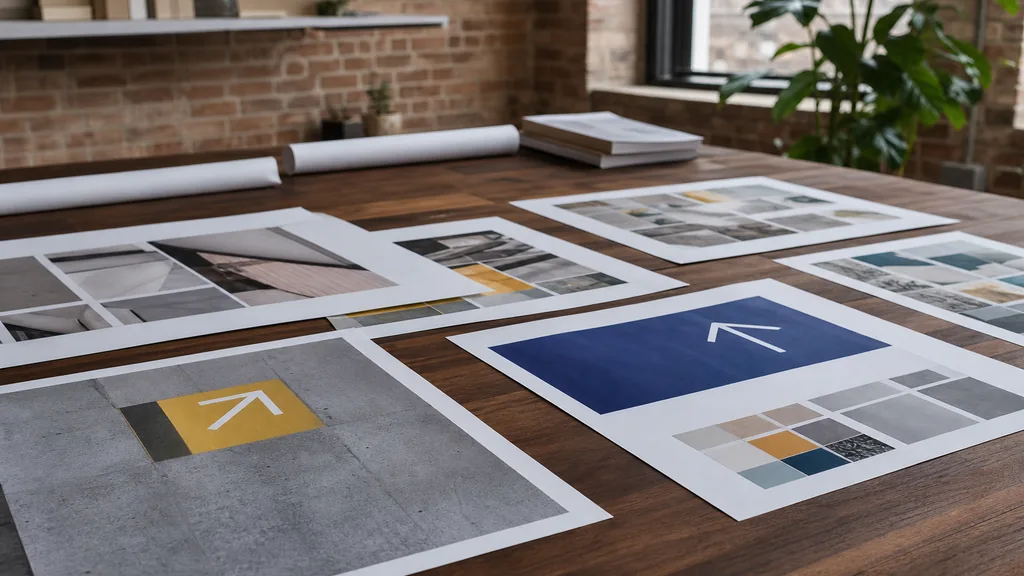 Editorial photograph of printed wayfinding proofs and identity guidelines spread across a wide walnut table in a bright midwestern brick loft design studio