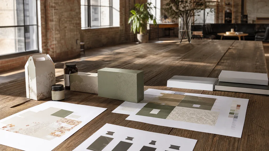 Editorial photograph of printed packaging proofs and logo sheets arranged on a reclaimed wood table in a bright renovated Ontario mill design studio