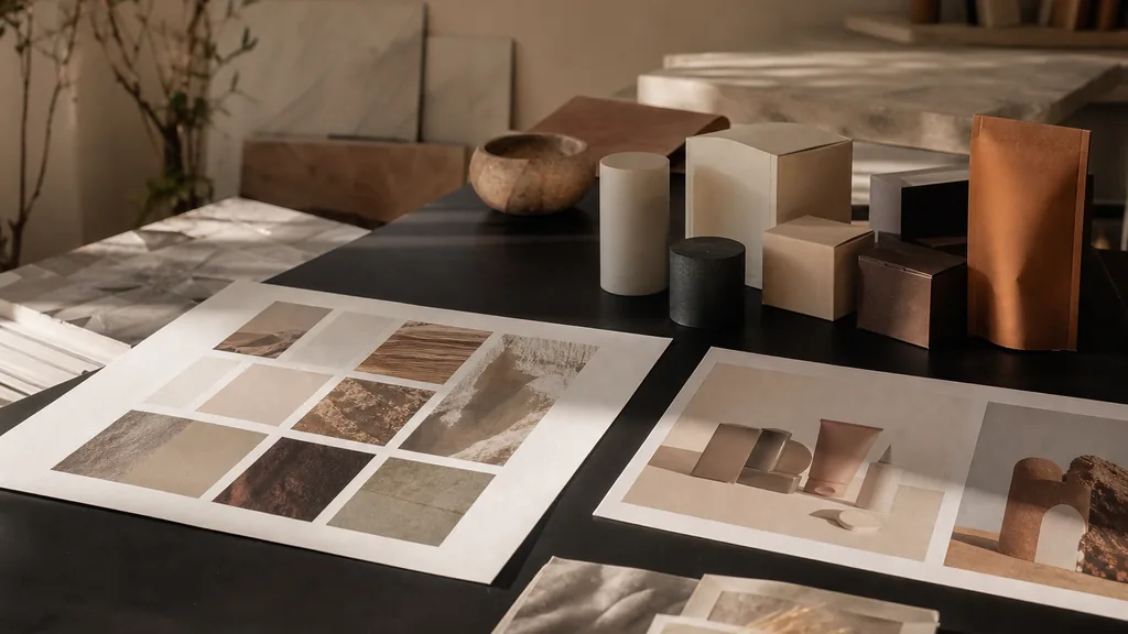 Editorial photograph of printed brand boards and packaging mockups on a matte black table in a warm desert-toned design studio with soft window light