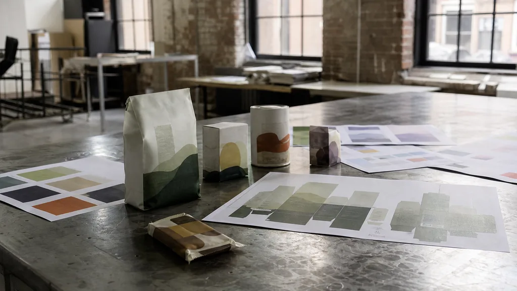Editorial photograph of printed grocery packaging mockups and colour proofs laid out on a scuffed steel table in a converted northern English mill design studio