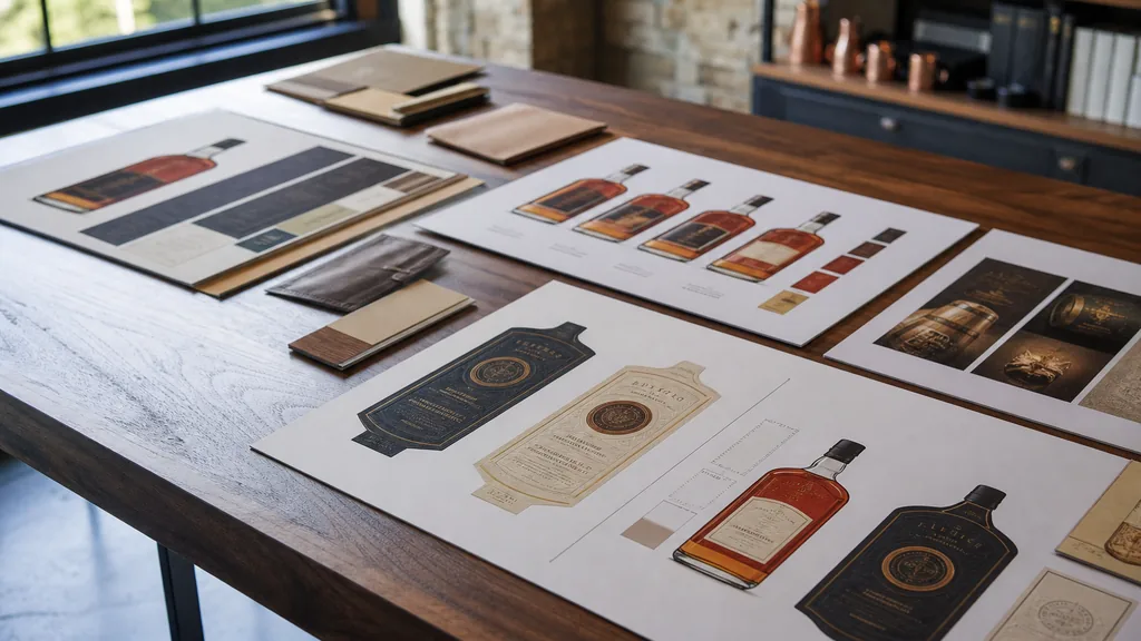 Editorial photograph of printed bourbon label proofs and identity boards laid out on a walnut table in a sunlit Kentucky design studio