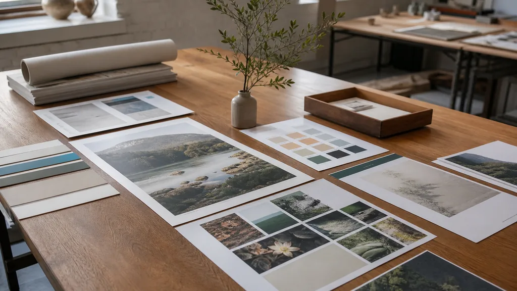 Editorial photograph of printed brand collateral and colour proofs arranged on a wide oak table in a bright Arkansas design studio