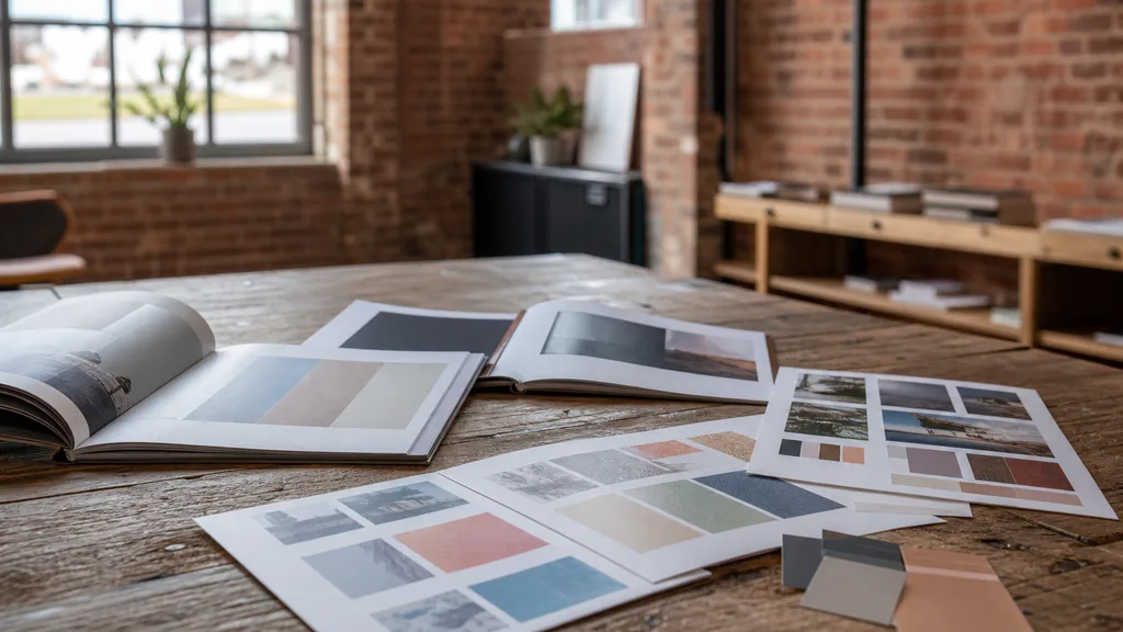 Editorial photograph of printed brand guidelines and print proofs laid out on a reclaimed wood table in a converted red brick Liverpool warehouse studio