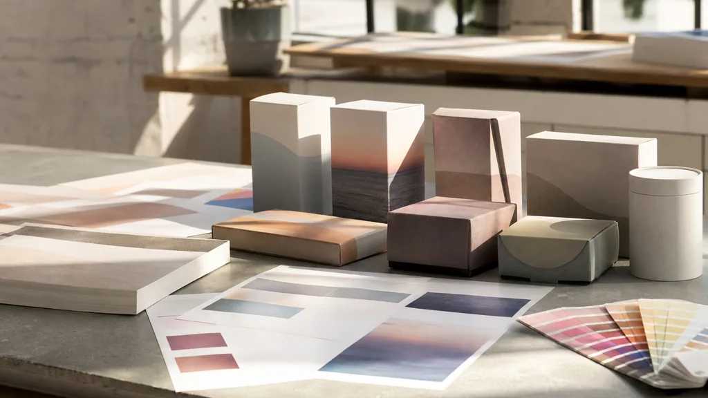 Editorial photograph of printed packaging mockups and colour proofs on a pale concrete table in a sunlit Los Angeles design studio