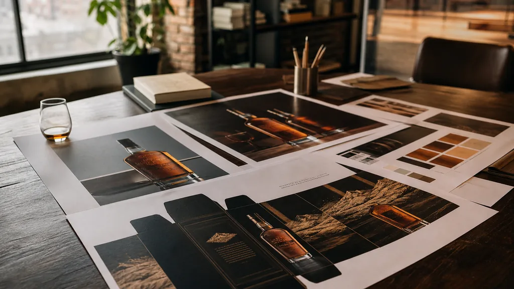Editorial photograph of printed bourbon packaging proofs and brand boards on a dark wood table in a warm Louisville design studio with soft window light