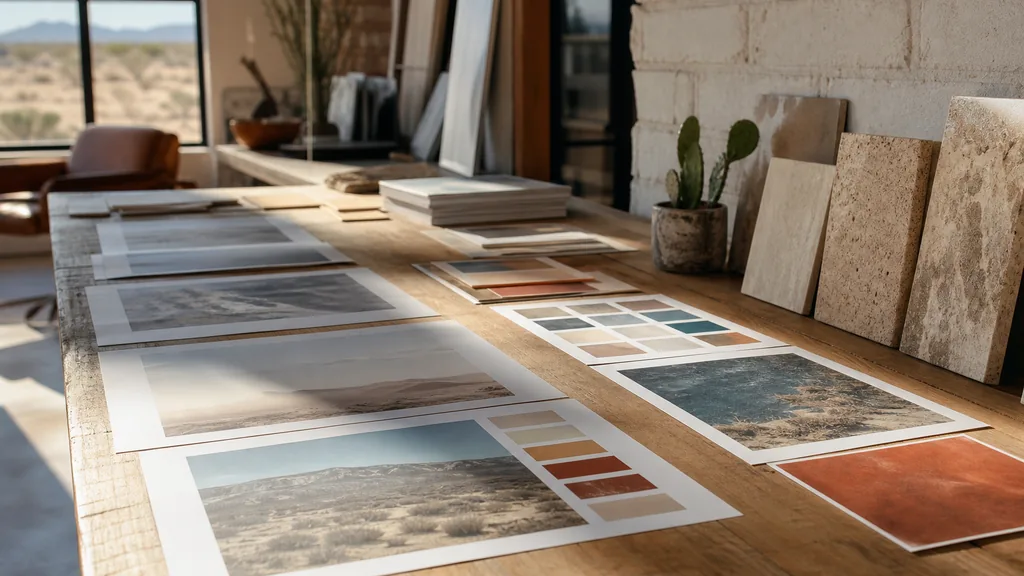 Editorial photograph of printed brand boards and colour proofs laid out on a wide oak table in a sunlit West Texas design studio