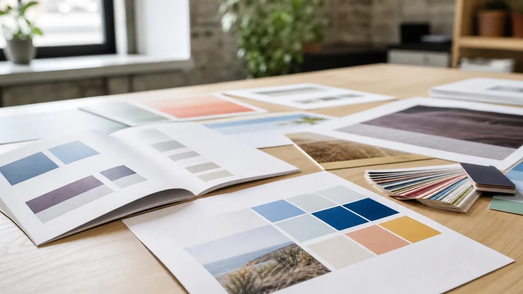 Editorial photograph of printed brand guidelines and colour proofs on a pale wood table in a bright Midwestern design studio with soft window light