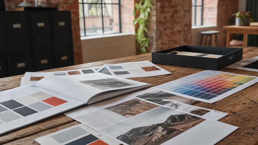 Editorial photograph of printed brand guidelines and print proofs laid out on a reclaimed wood table in a converted red brick Manchester mill studio