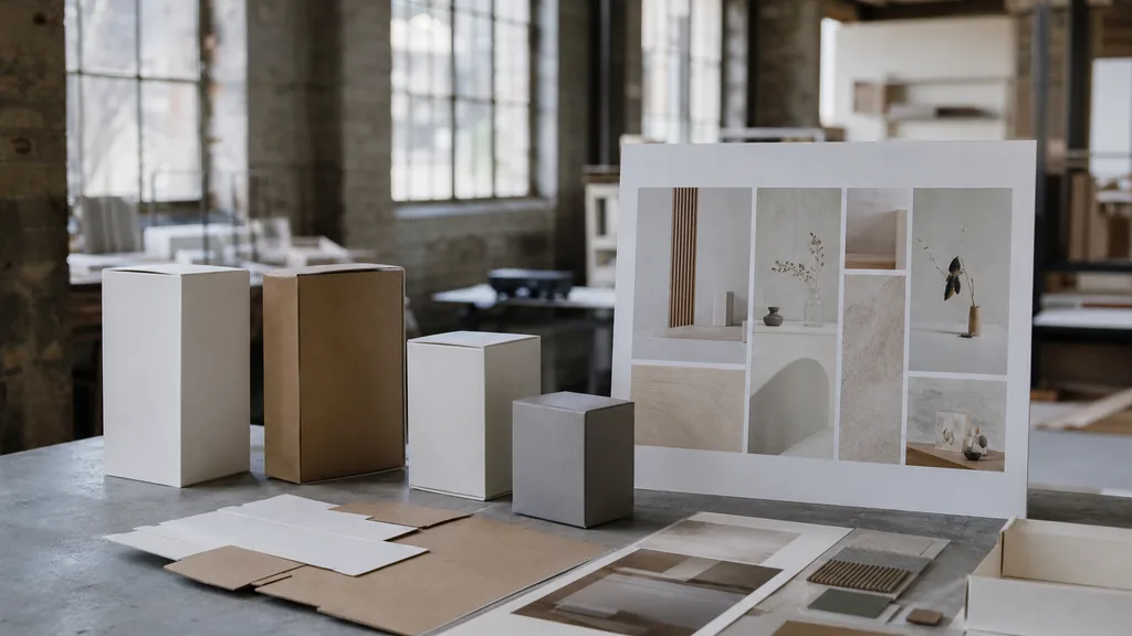 Editorial photograph of printed packaging mockups and identity boards on a concrete table in a converted warehouse design studio with soft daylight