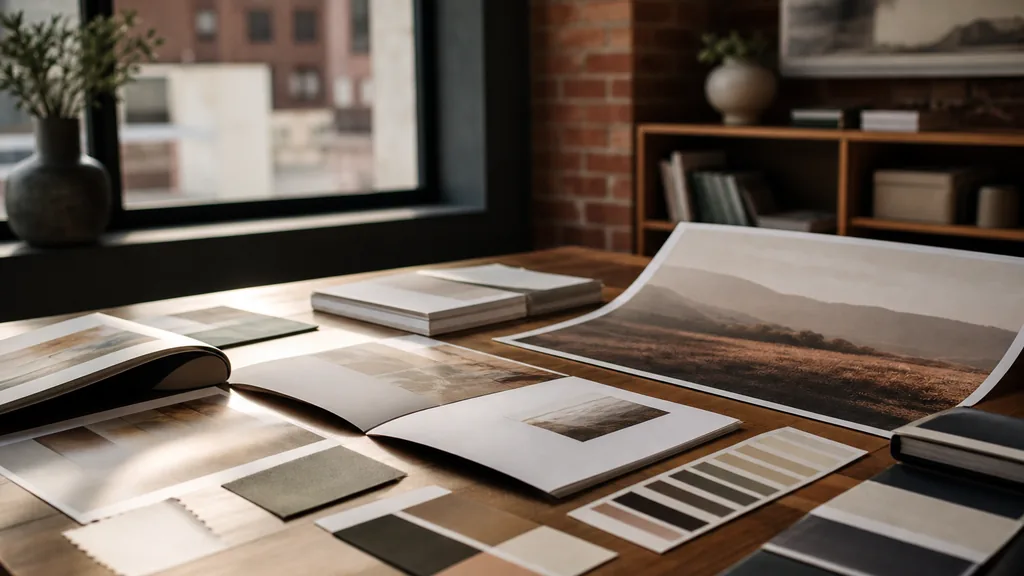 Editorial photograph of printed brand collateral and colour proofs on a walnut table in a warm downtown design studio with soft window light