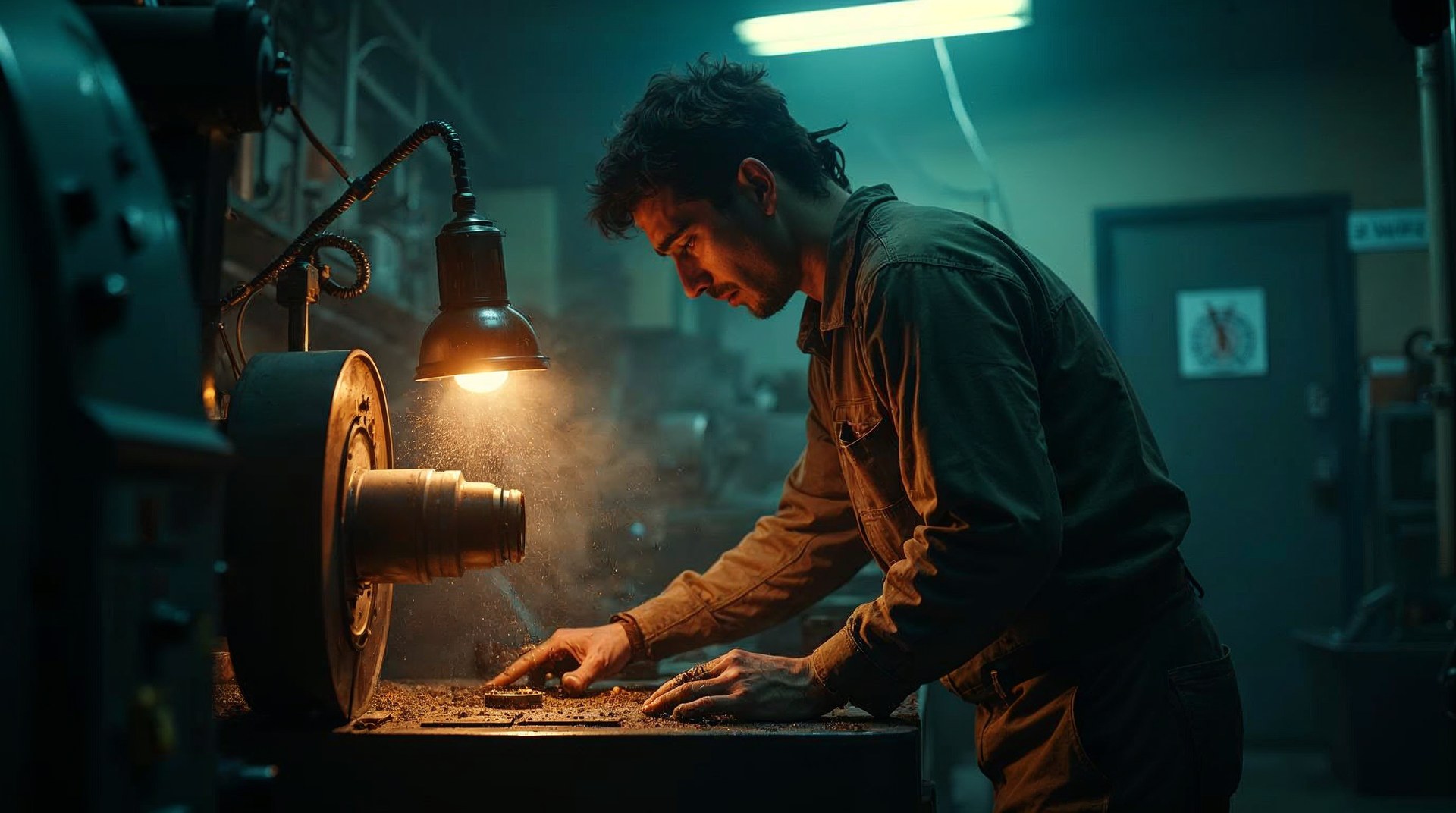 A machinist in oil-stained coveralls leaning into a CNC lathe on night shift under a single caged work lamp