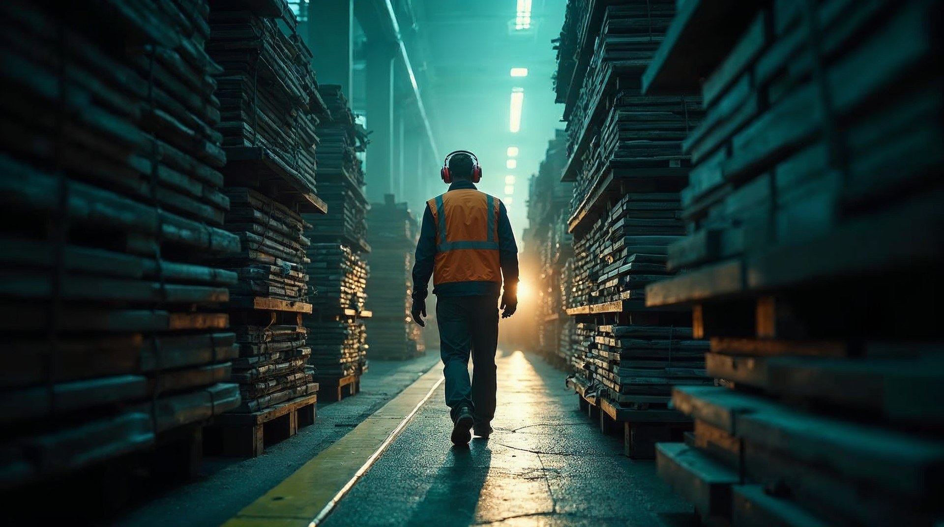 A plant manager in ear defenders walking a narrow aisle between pallets of raw aluminium bar stock
