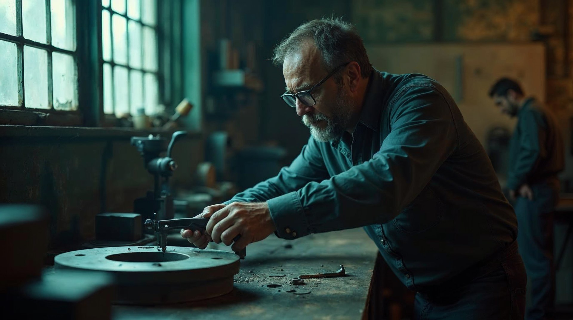A quality inspector holding a micrometer against a machined steel flange on a scarred workbench in thin winter light