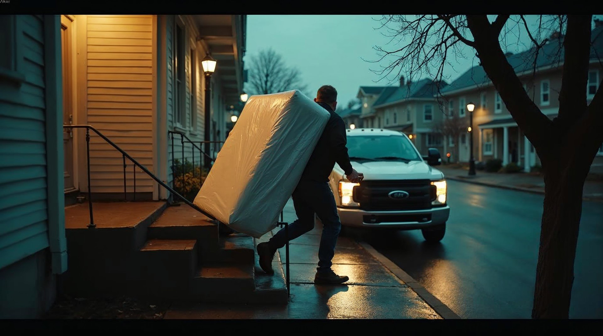 A mover carrying a plastic-wrapped mattress down wet porch steps at dawn with the truck ramp down at the kerb