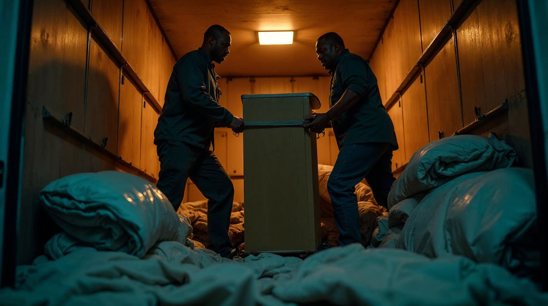 Two movers ratcheting a strap across a dresser inside a half-loaded truck box under a single work light