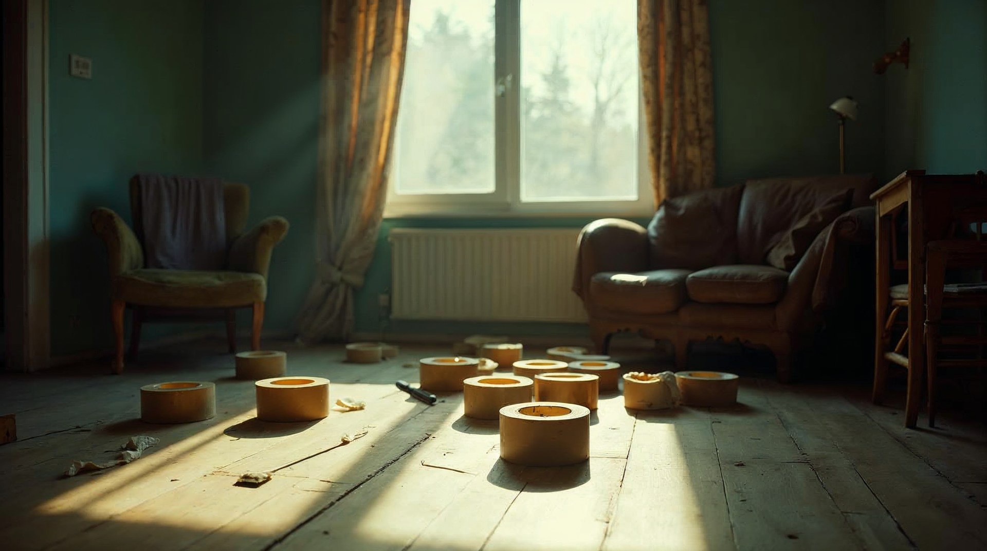 An emptied apartment living room after a move-out, tape rolls and one forgotten floor lamp on bare boards