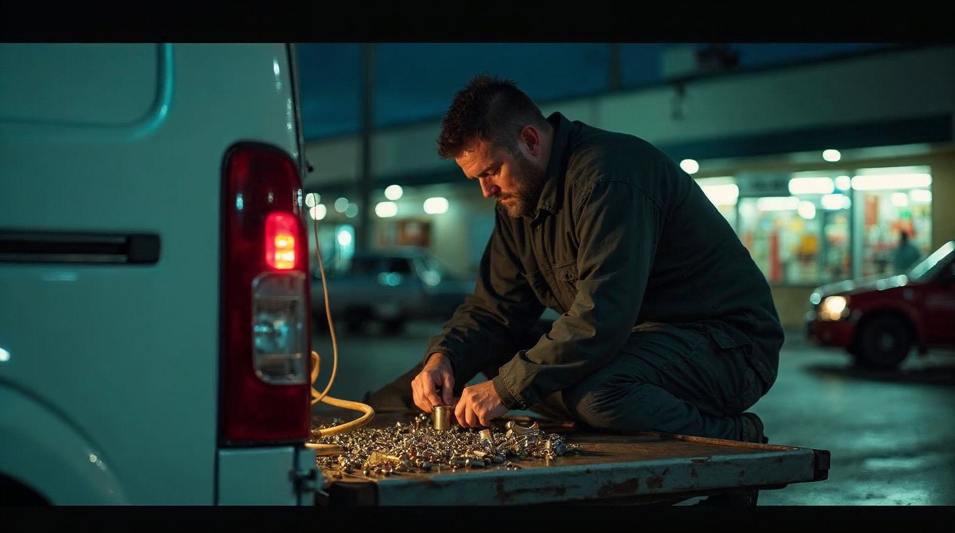 A locksmith rekeying a cylinder on the open tailgate of his van in a sodium-lit car park