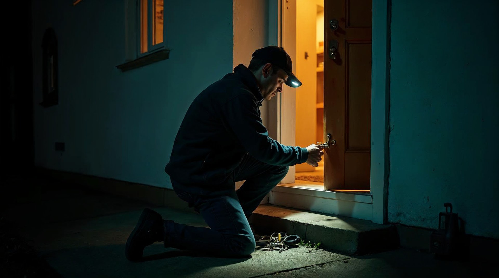 A locksmith kneeling at a front door near midnight picking a deadbolt by headlamp light with a tool roll on the step