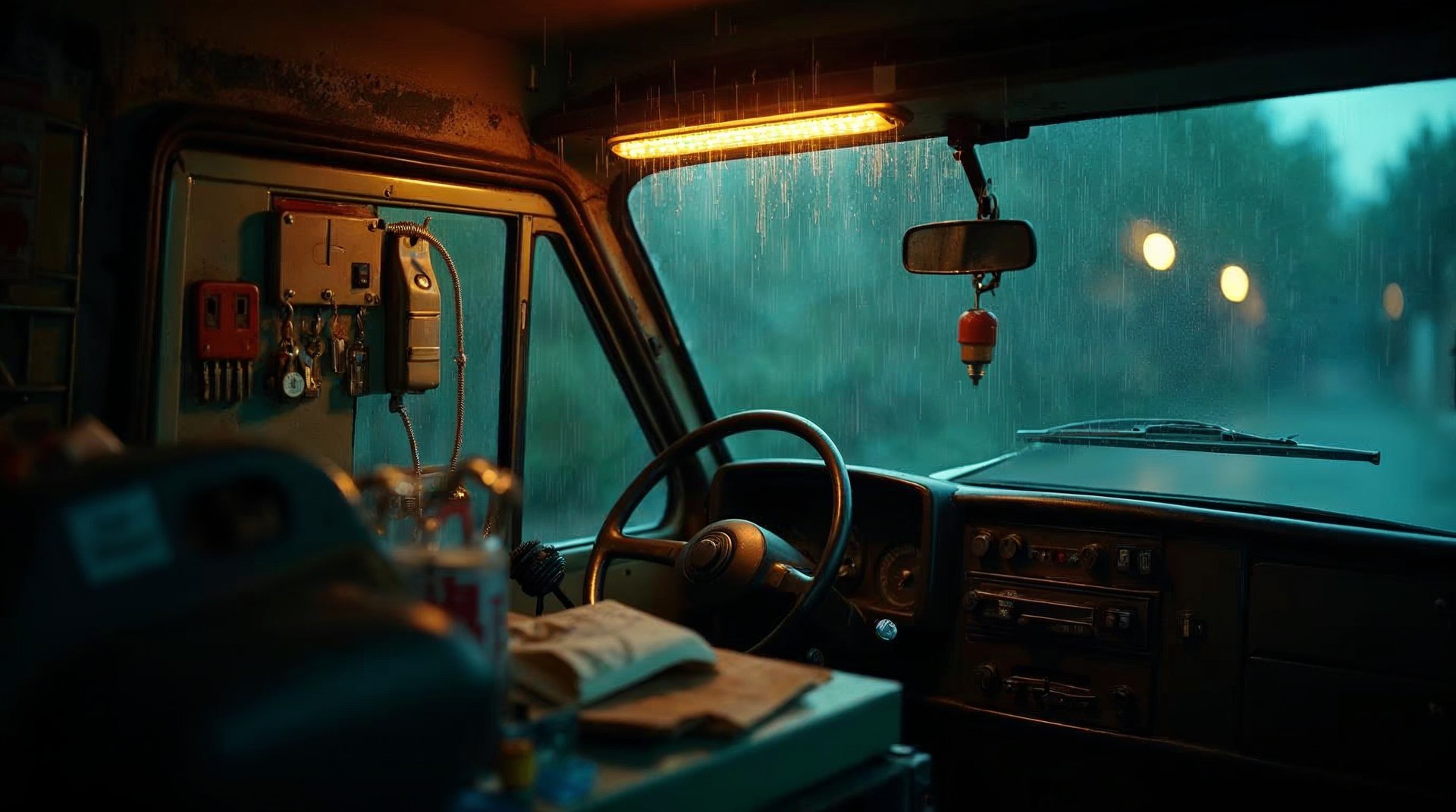 The inside of a locksmith van at night, key blanks and a cutting machine under a strip light with rain on the windscreen