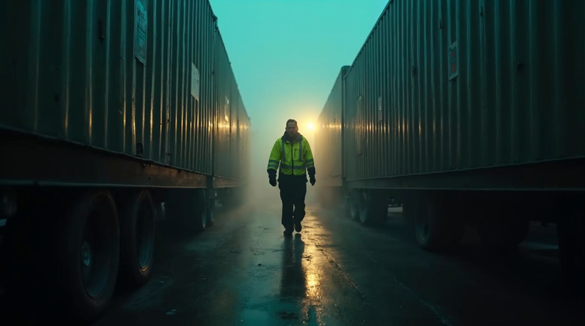 A yard checker in a high-vis coat walking between trailer doors in sodium-lit fog