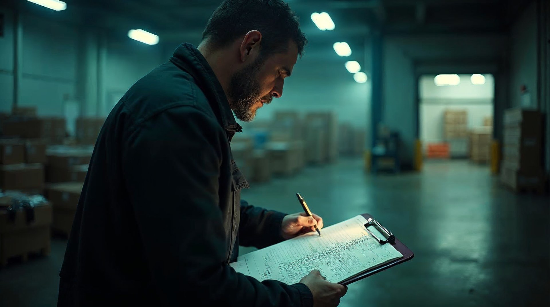 A dispatcher marking up a run sheet in a cold warehouse office at dawn with the loading dock doors open behind him