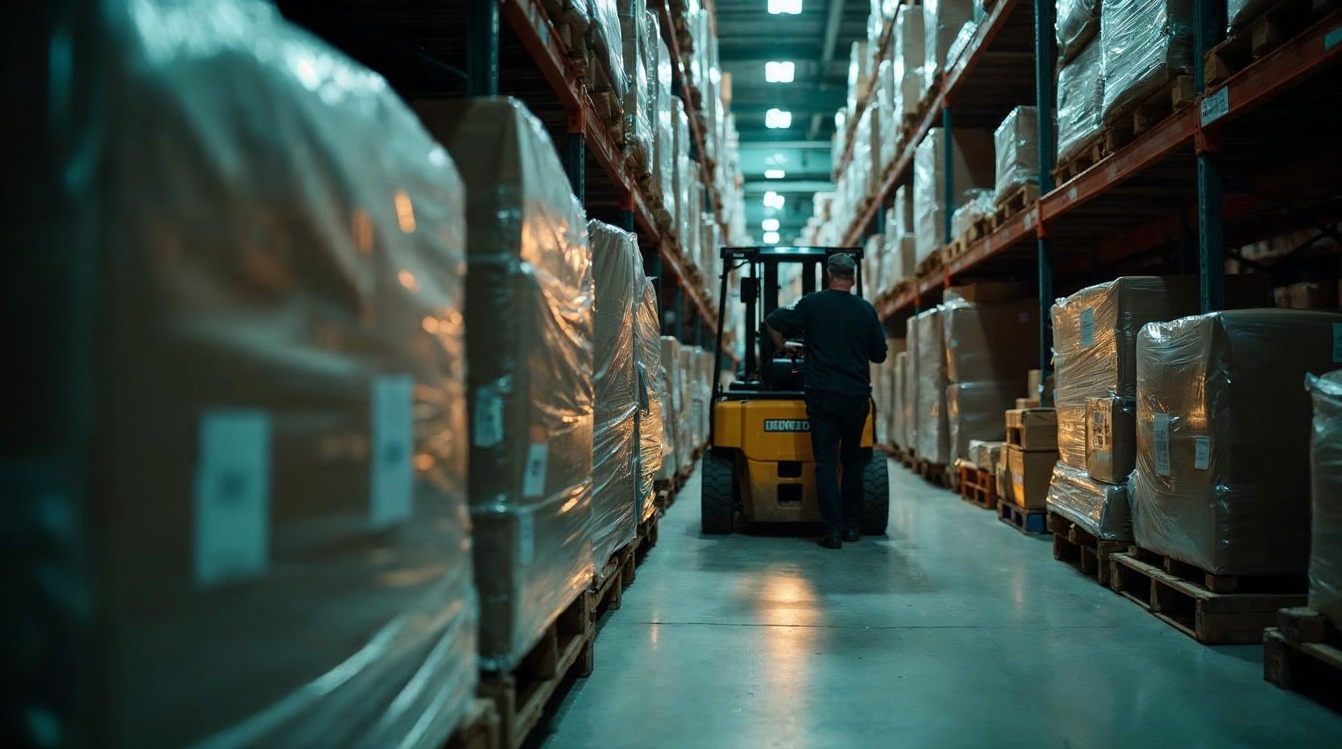 A warehouse supervisor scanning a shrink-wrapped pallet deep in a narrow racking aisle