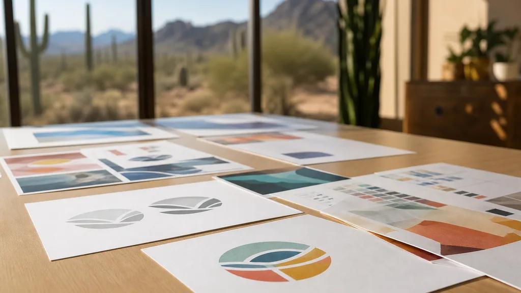 Editorial photograph of printed logo sheets and colour proofs on a pale wood table in a sunlit Arizona design studio