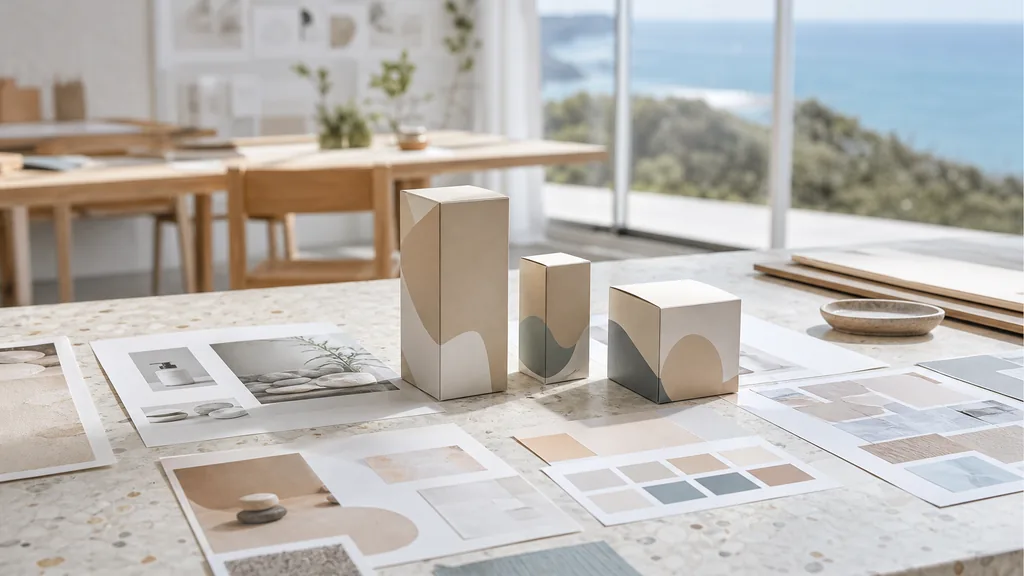 Editorial photograph of printed packaging mockups and identity boards on a pale terrazzo table in a bright coastal design studio