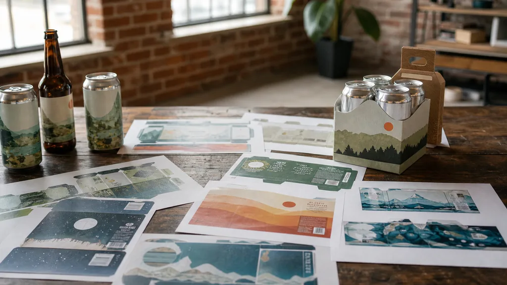 Editorial photograph of printed beer labels and packaging proofs on a worn walnut table in a converted brick Midwestern studio