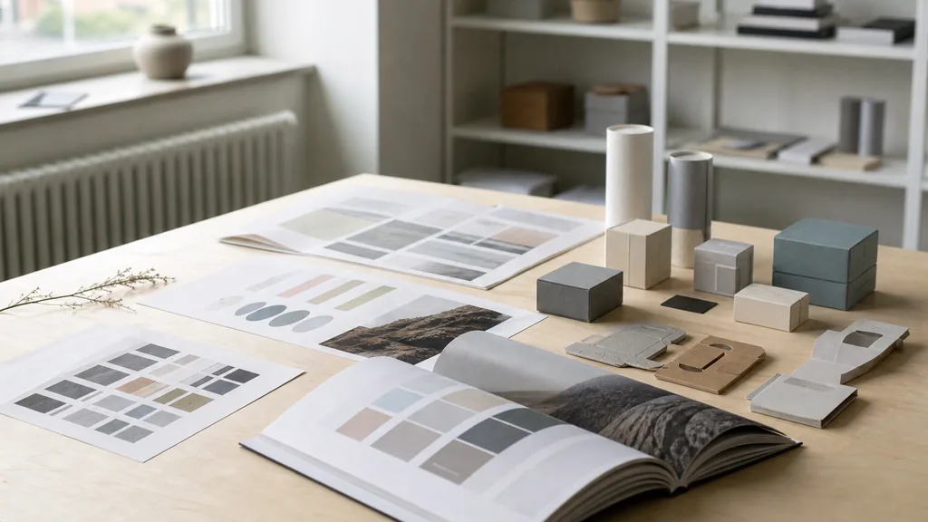 Editorial photograph of printed brand guidelines and packaging proofs on a light birch table in a bright northern design studio