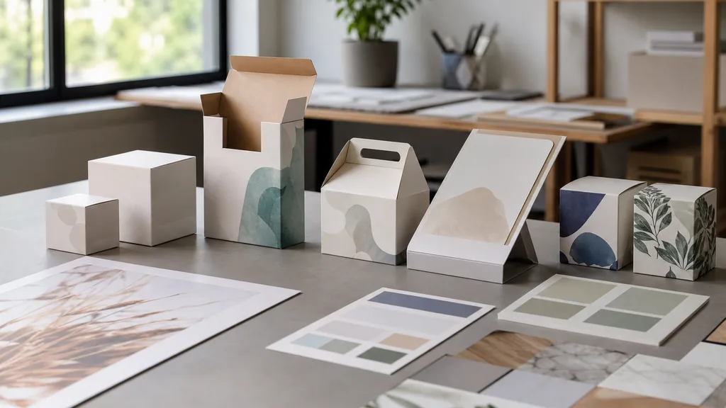 Editorial photograph of printed packaging samples and signage proofs on a grey worktable in a tidy suburban design studio