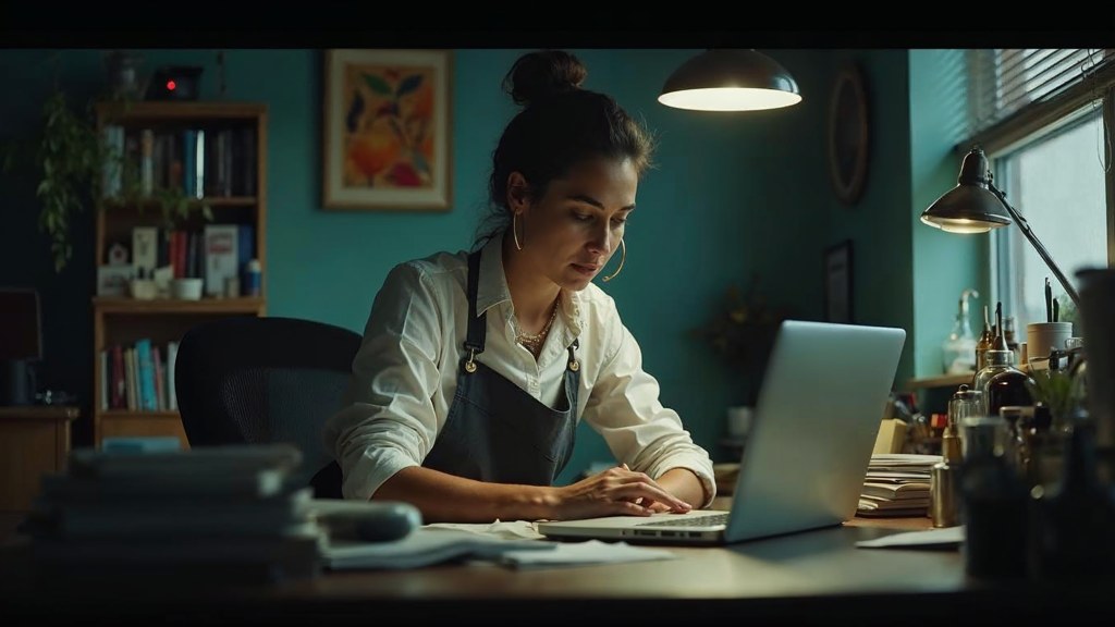 A small-business owner in an apron leaning over a laptop on a cluttered back-office desk late in the day, photographed in St. Louis
