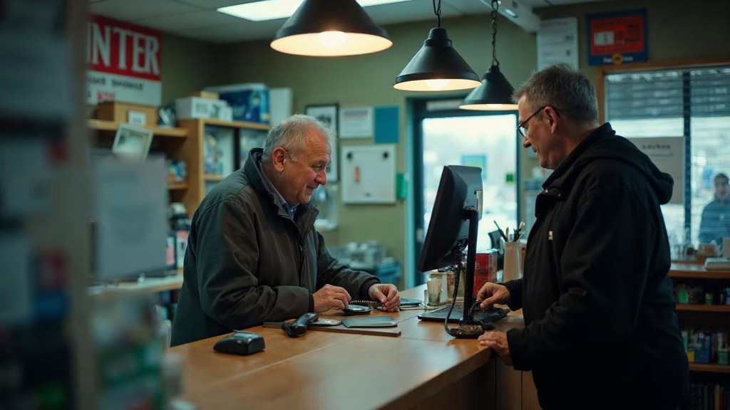 A shop manager standing behind the counter checking a phone while a customer waits at the till, photographed in St. Louis