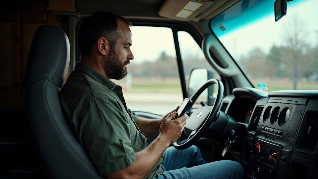 A contractor sitting in the cab of a work van reviewing a phone before driving off, photographed in St. Louis
