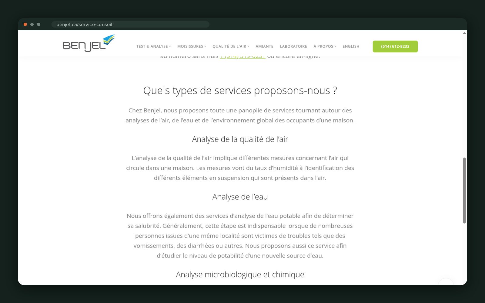 Types of analysis offered — air, water, dust